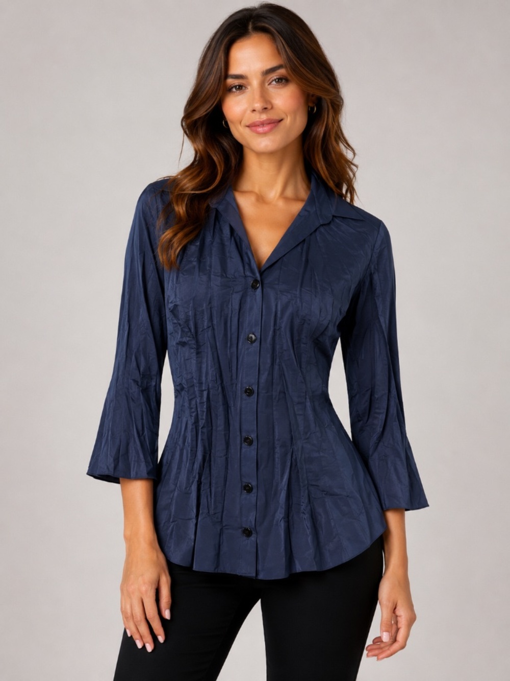 Beluva San Francisco Gold Pleated Modernist Avant Garde Blouse Medium